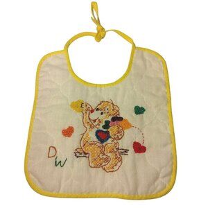 Vintage Care Bears Baby Bib White Quilted Yellow Ties Crosstitch Hearts READ
